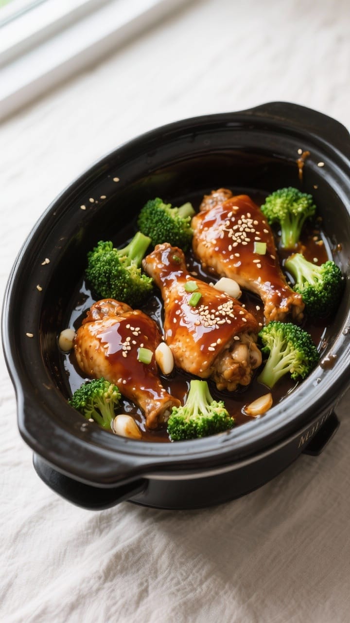 Cooking process, overhead: Slow cooker Honey Garlic Chicken mid-cook, glossy soy-honey-garlic sauce 