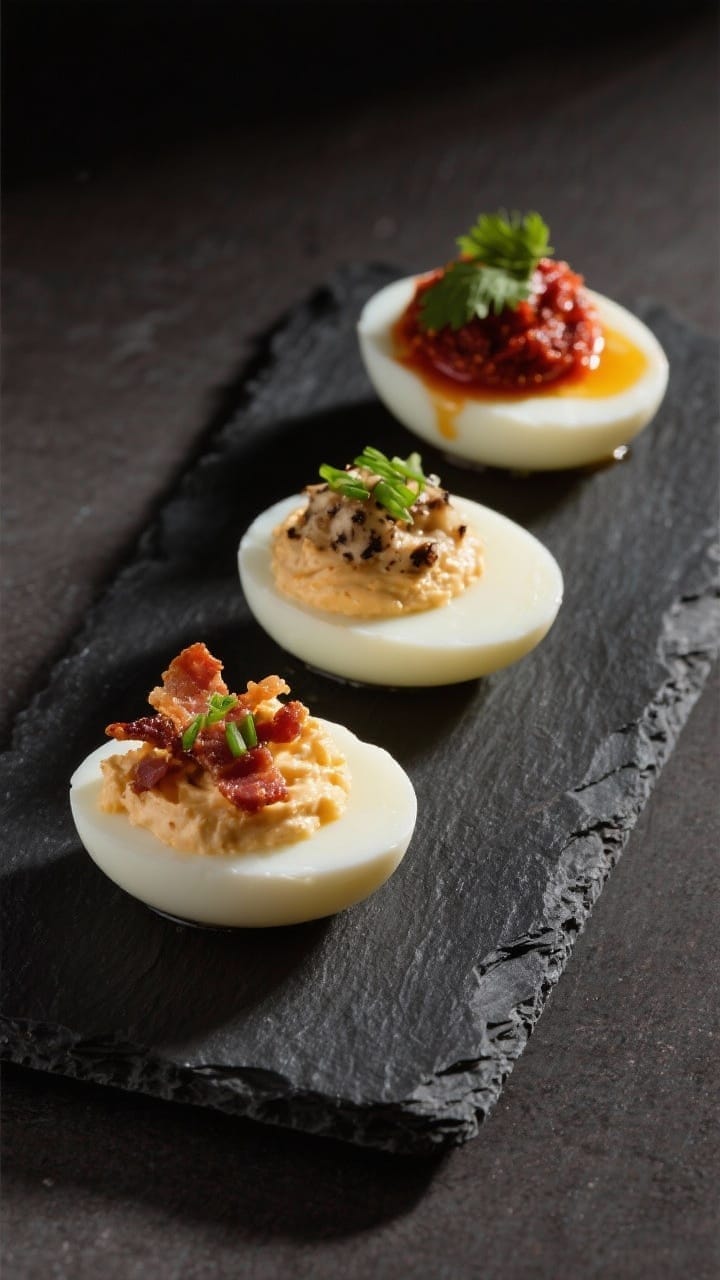 Final dish elegance: Restaurant-quality presentation of three deviled eggs in a linear row on a dark
