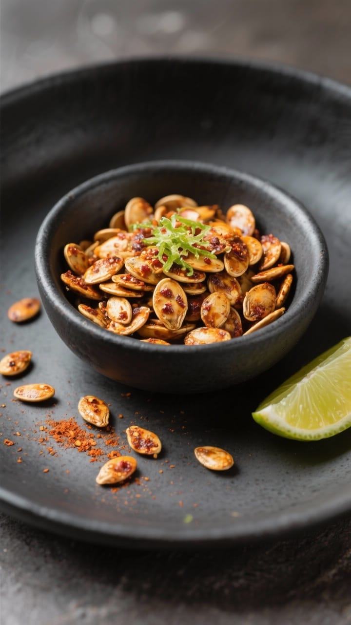 Final dish presentation: Beautifully plated Cajun and Chili Lime Spicy Pumpkin Seeds served in a low