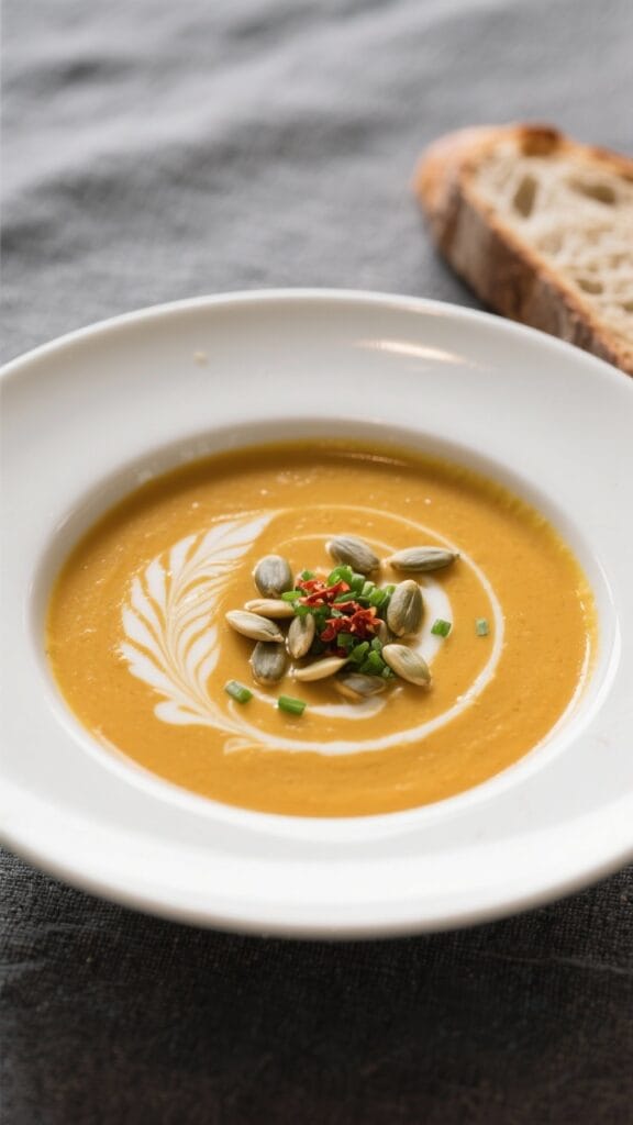 Final dish, restaurant-quality presentation: Silky pumpkin soup poured into a wide, white shallow bo