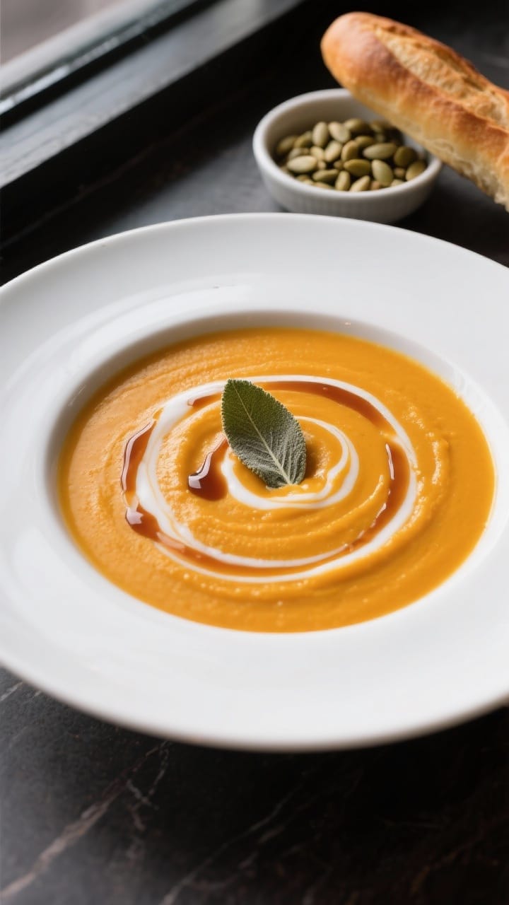 Final plated beauty: Restaurant-style presentation of roasted pumpkin soup on a wide white rimmed pl