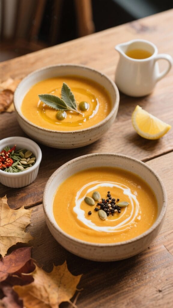 Overhead “tasty top view”: Top-down shot of a cozy fall table scene featuring two bowls of pumpk
