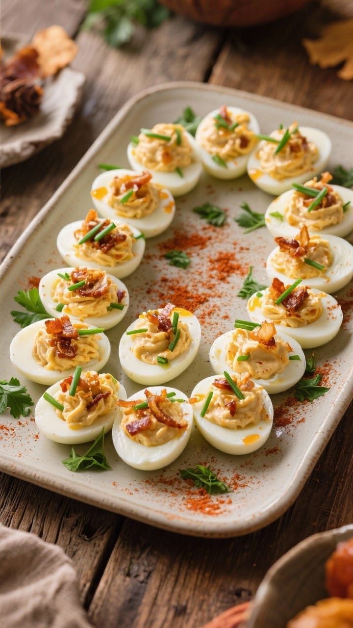 Tasty top view: A full platter of finished Thanksgiving deviled eggs arranged in a circular wreath p