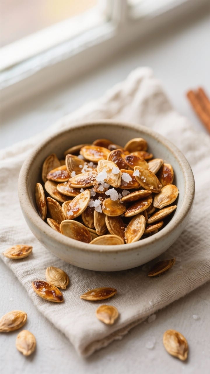 Tasty top view, final presentation: Overhead shot of a small ceramic bowl filled with perfectly toas