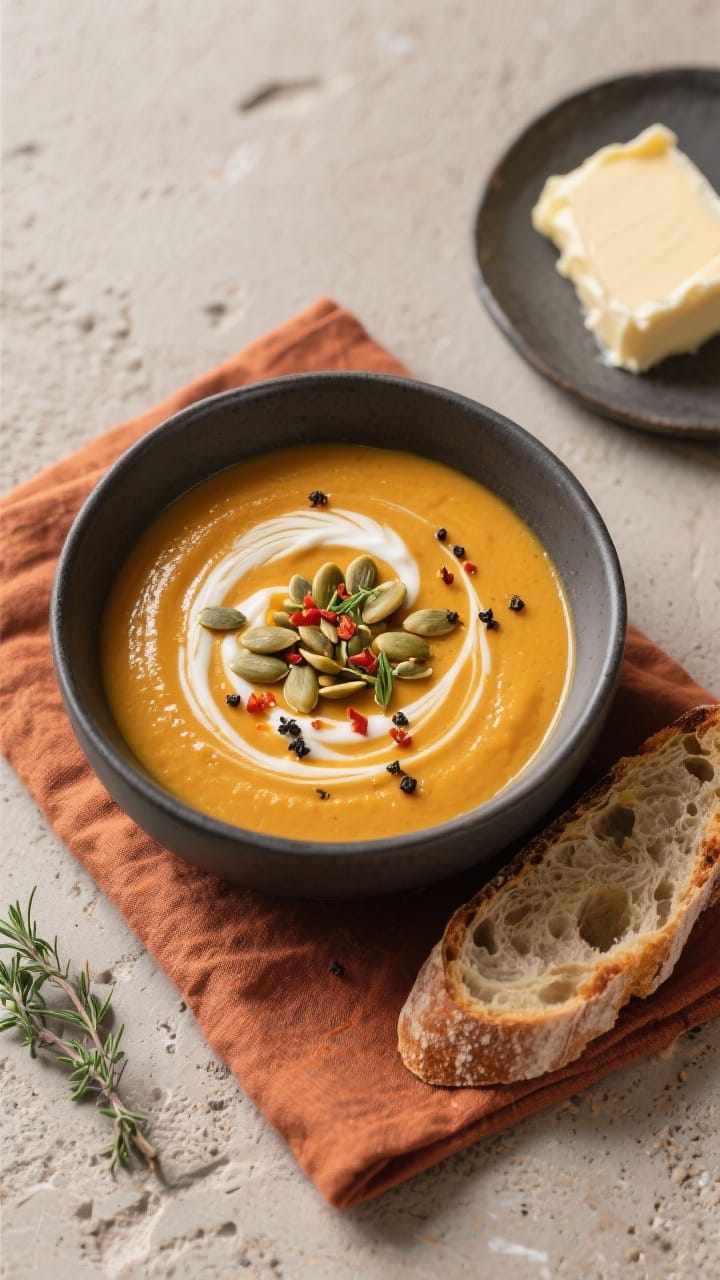 Tasty top view: Overhead shot of silky roasted pumpkin soup in a matte charcoal bowl, glossy swirl o