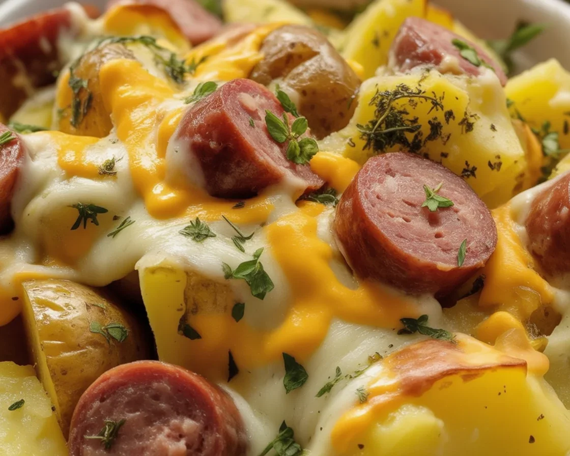 Cheesy Ranch Potatoes and Smoked Sausage, a creamy comfort food casserole dish.