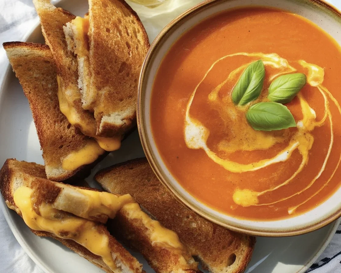 Bowl of Roasted Pumpkin and Tomato Soup garnished with herbs and drizzled with olive oil.
