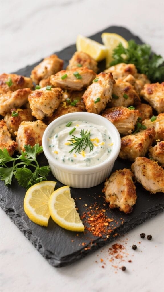 Crispy Baked Chicken Bites With Zesty Ranch Dip