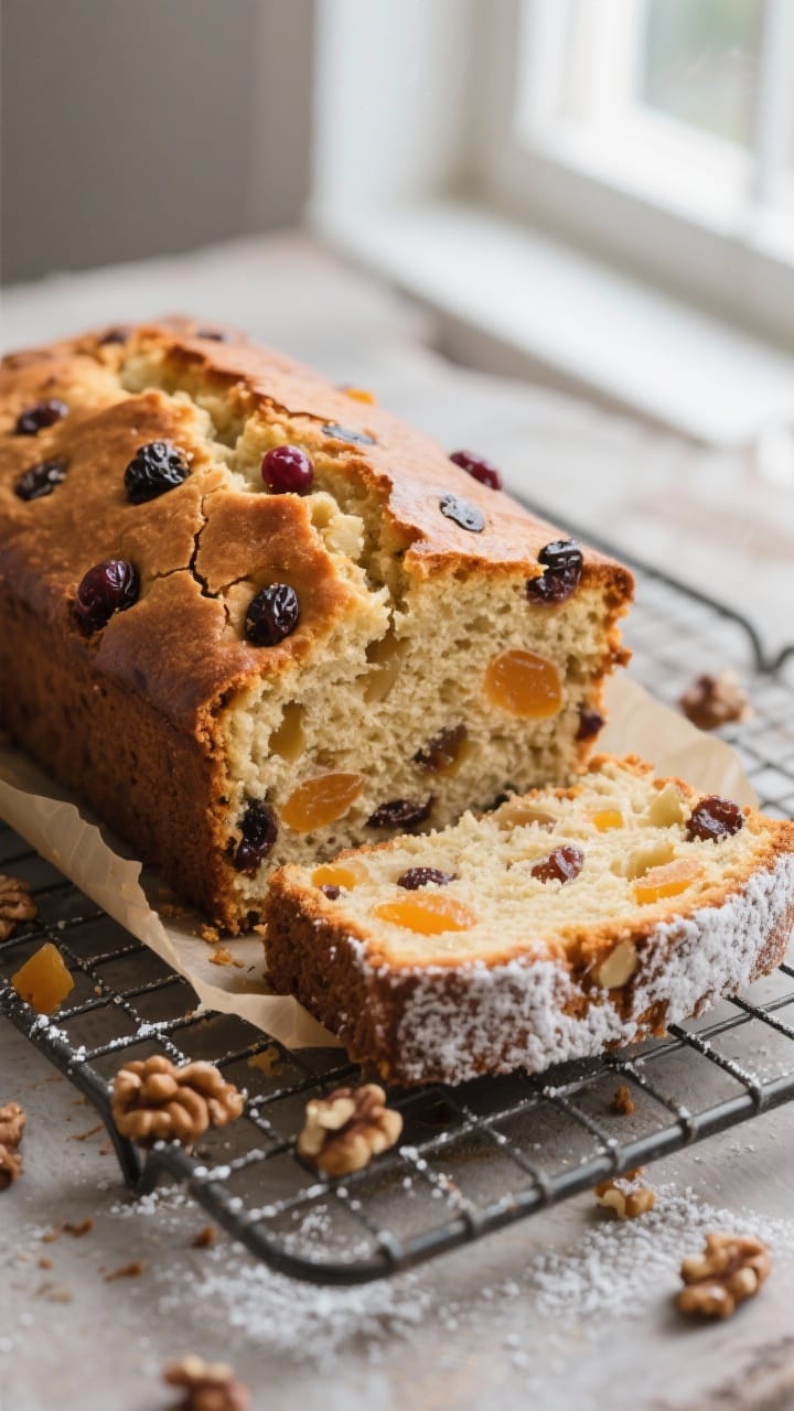 Close-up detail: A freshly baked old-fashioned German fruit cake loaf just out of the pan, cooling o