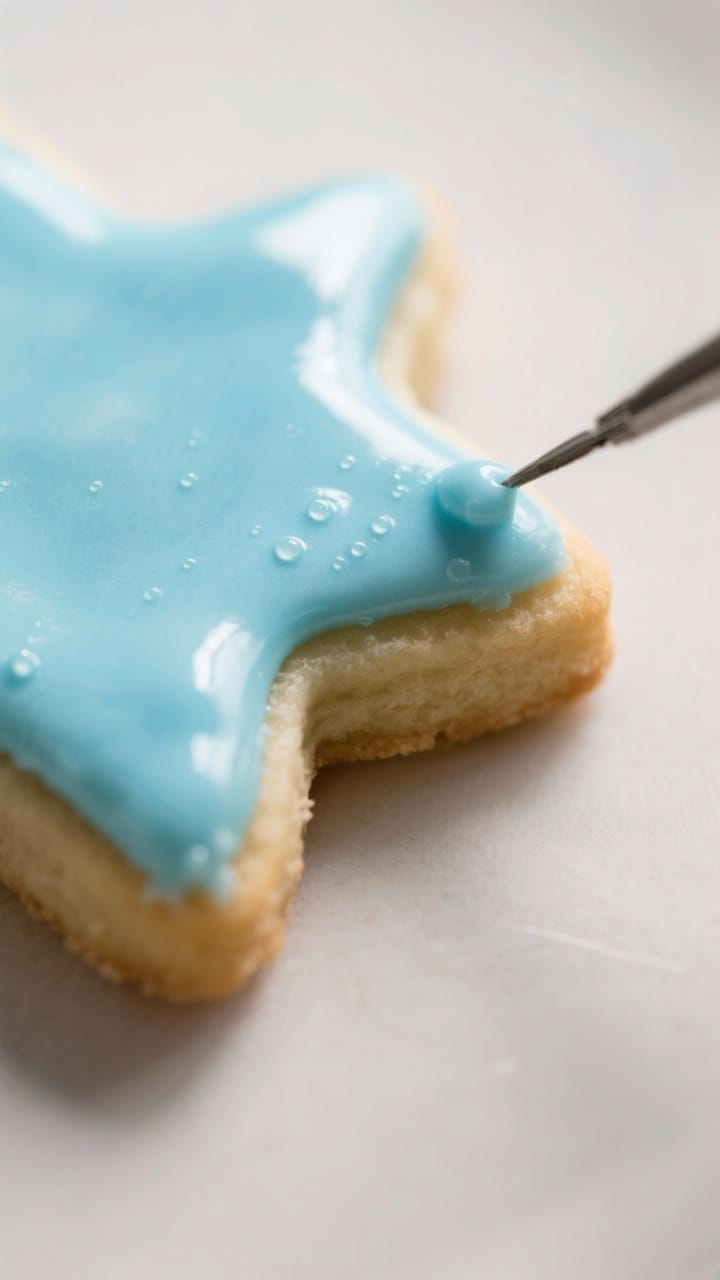 Close-up detail: A freshly flooded sugar cookie shot at a slight angle, showing ultra-smooth icing w