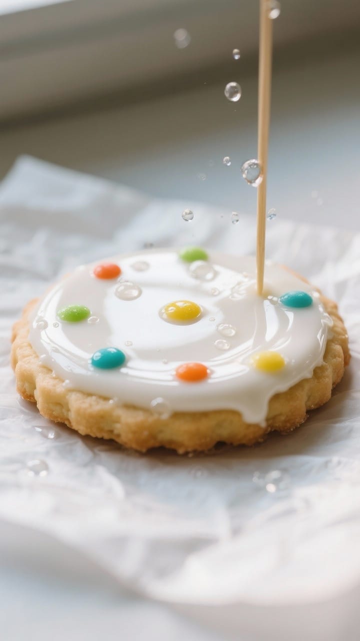 Close-up detail: A freshly flooded sugar cookie with glossy vanilla icing smoothing out to a mirror 