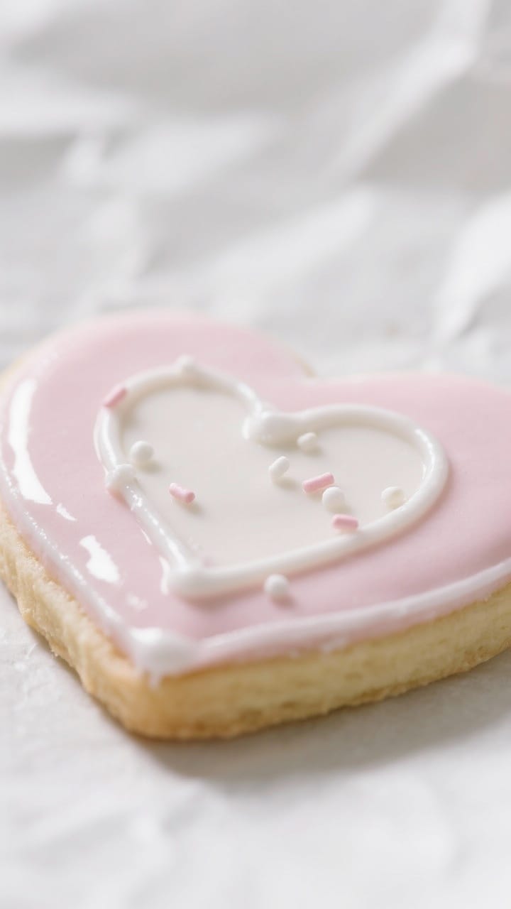 Close-up detail: A freshly iced sugar cookie with a glossy, mirror-like finish, tight shot on the sm