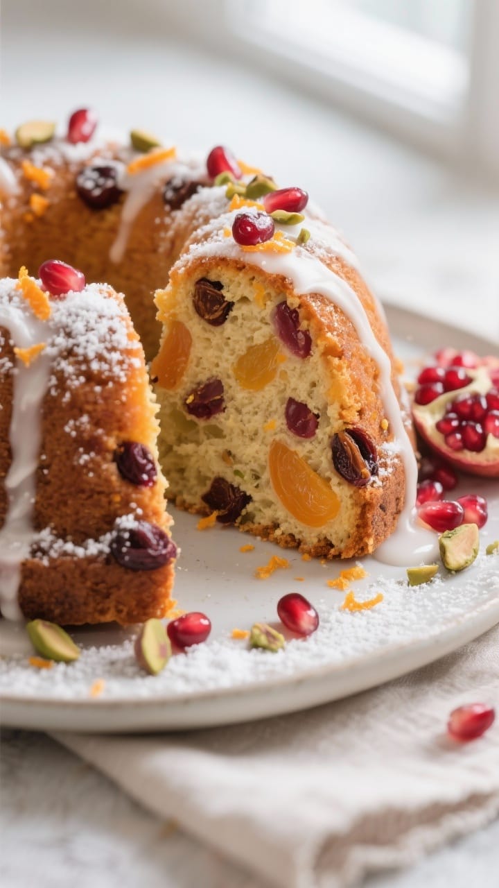 Close-up detail: A slice of Healthy Christmas Fruit Bundt Cake showing a moist, tender crumb with gl