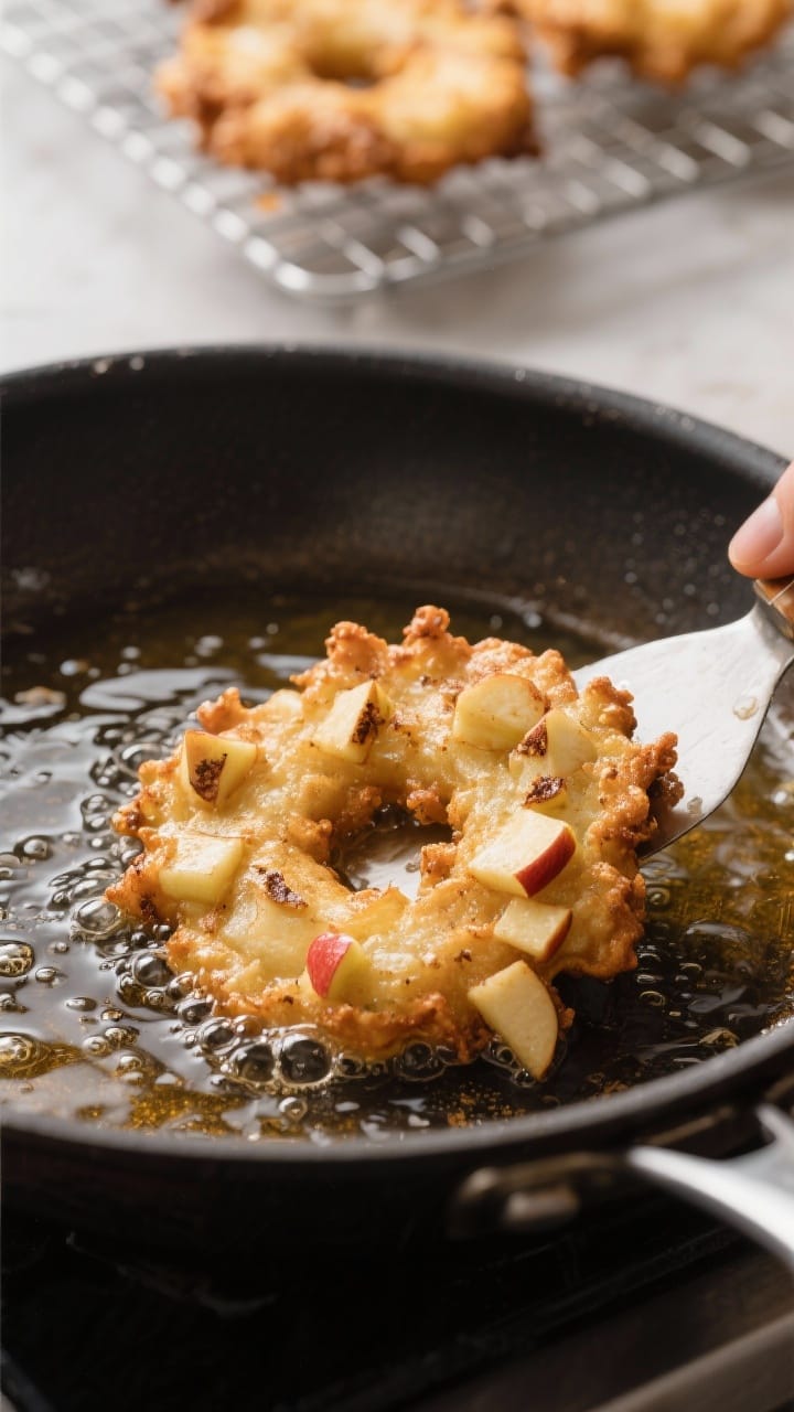 Close-up detail, cooking process: Apple fritters frying at 350°F in a heavy skillet, golden-brown c