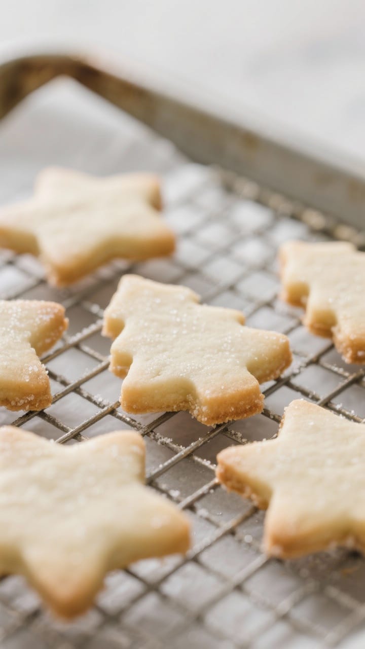 Close-up detail: Freshly baked cut-out sugar cookies cooling on a wire rack, edges crisp with the fa