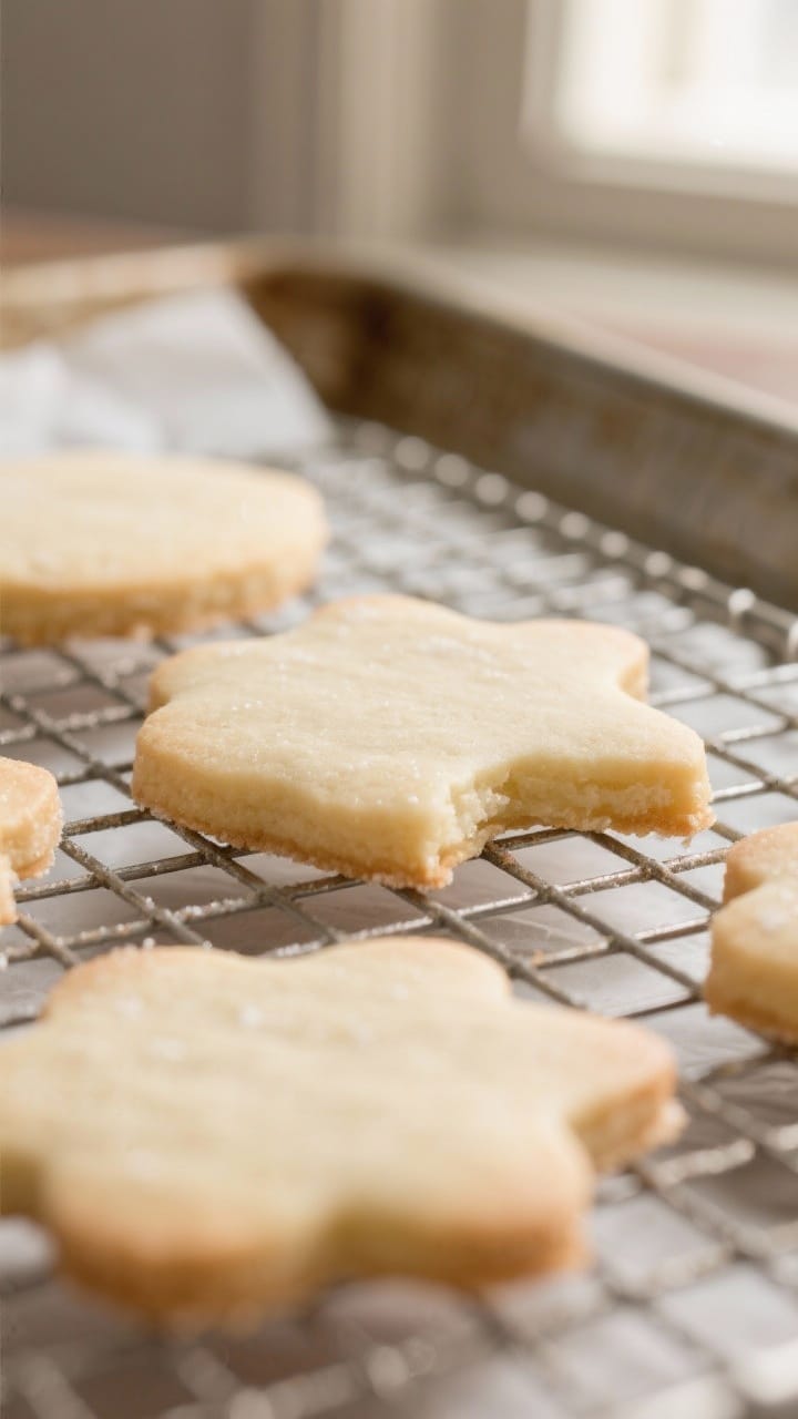 Close-up detail: Freshly baked soft cut-out sugar cookies cooling on a wire rack, edges clean and un