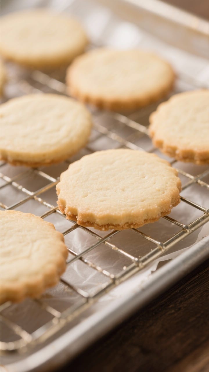 Close-up detail: Freshly baked sugar cookies with ultra-clean edges and matte, flat tops cooling on