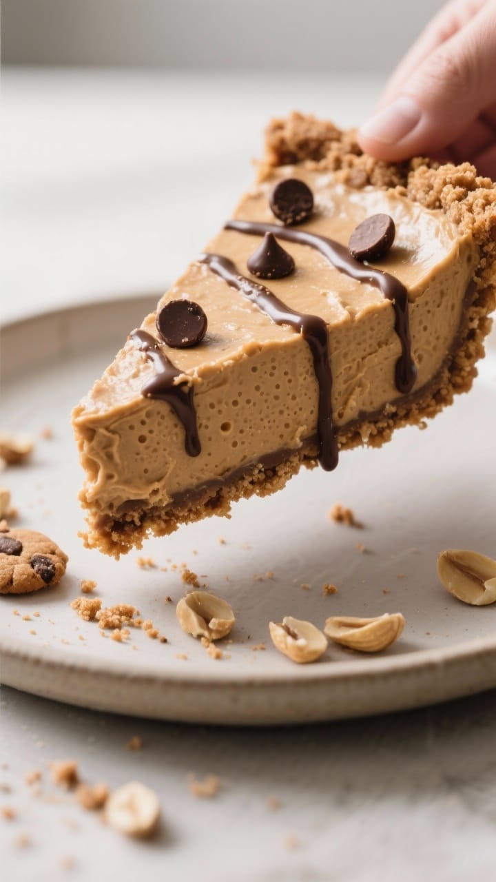 Close-up detail of a single plated slice of Chocolate Chip Cookie Peanut Butter Pie being lifted fro