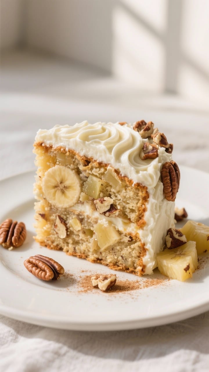 Close-up detail shot: A sliced piece of hummingbird cake on a matte white dessert plate, showing ult