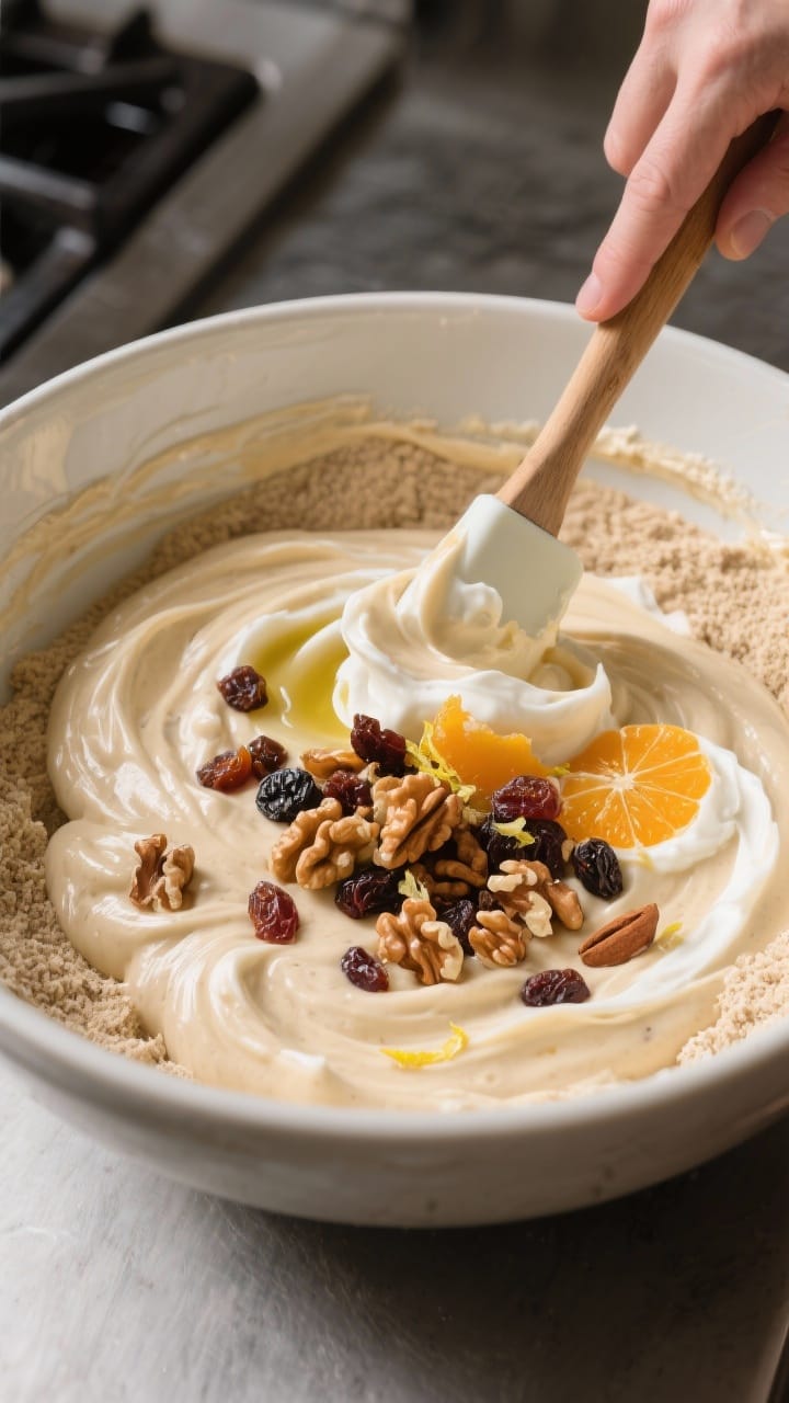 Cooking process: Batter being folded in a large mixing bowl—wet ingredients (olive oil, Greek yogu