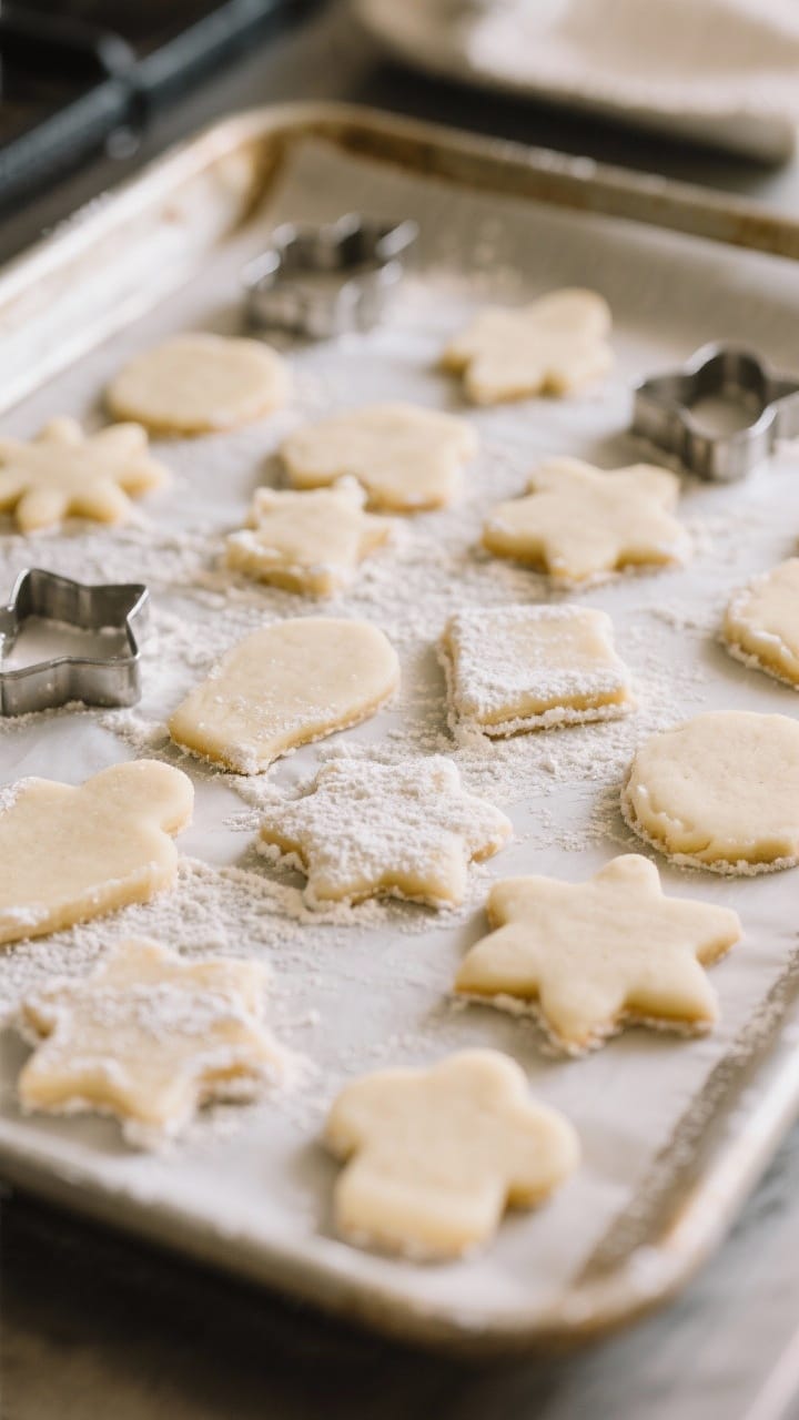 Cooking process: Chilled cut cookie shapes on a parchment-lined baking sheet just before the oven, u