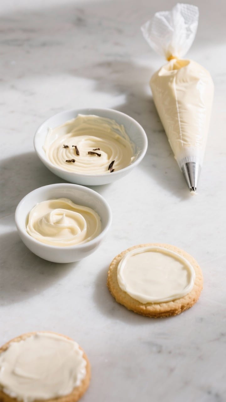 Cooking process: Divided icing in two small bowls on a clean work surface—one thicker for outlinin