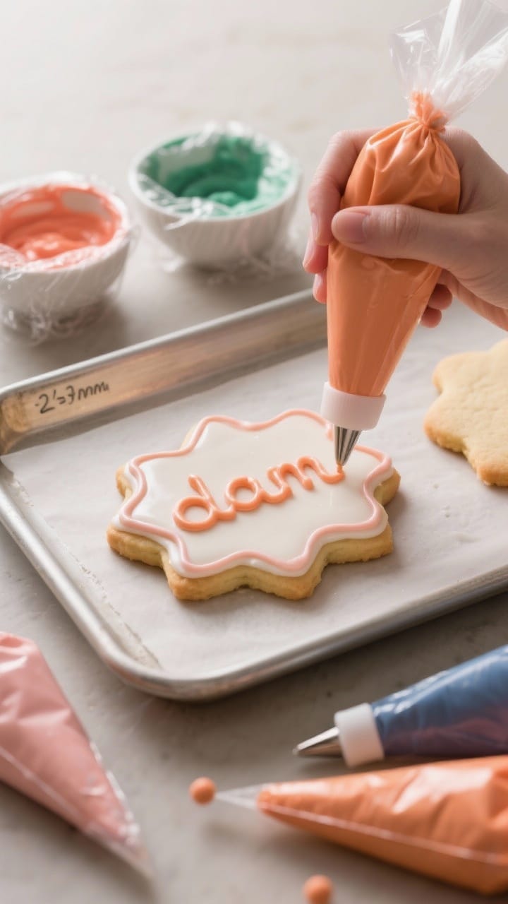 Cooking process: Iced sugar cookies being outlined and then flooded on a baking sheet, one cookie sh