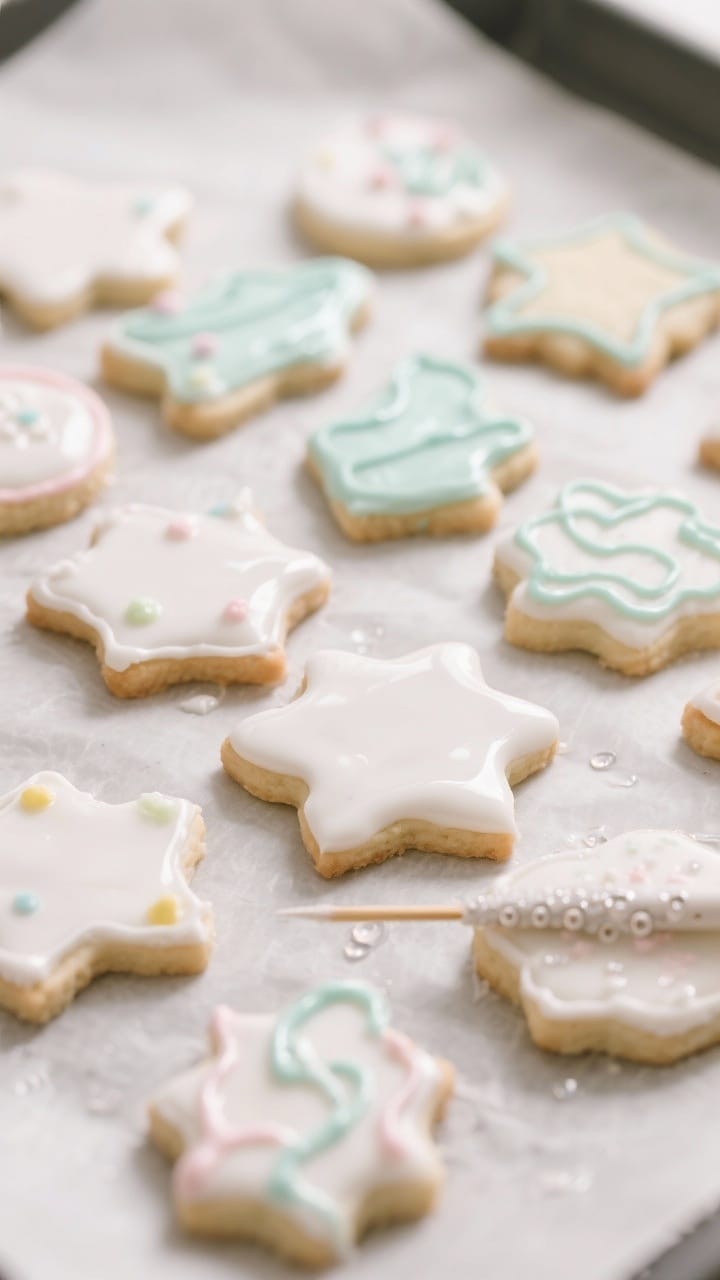 Cooking process: Overhead shot of cookie shapes just after outlining and flooding—half outlined wi
