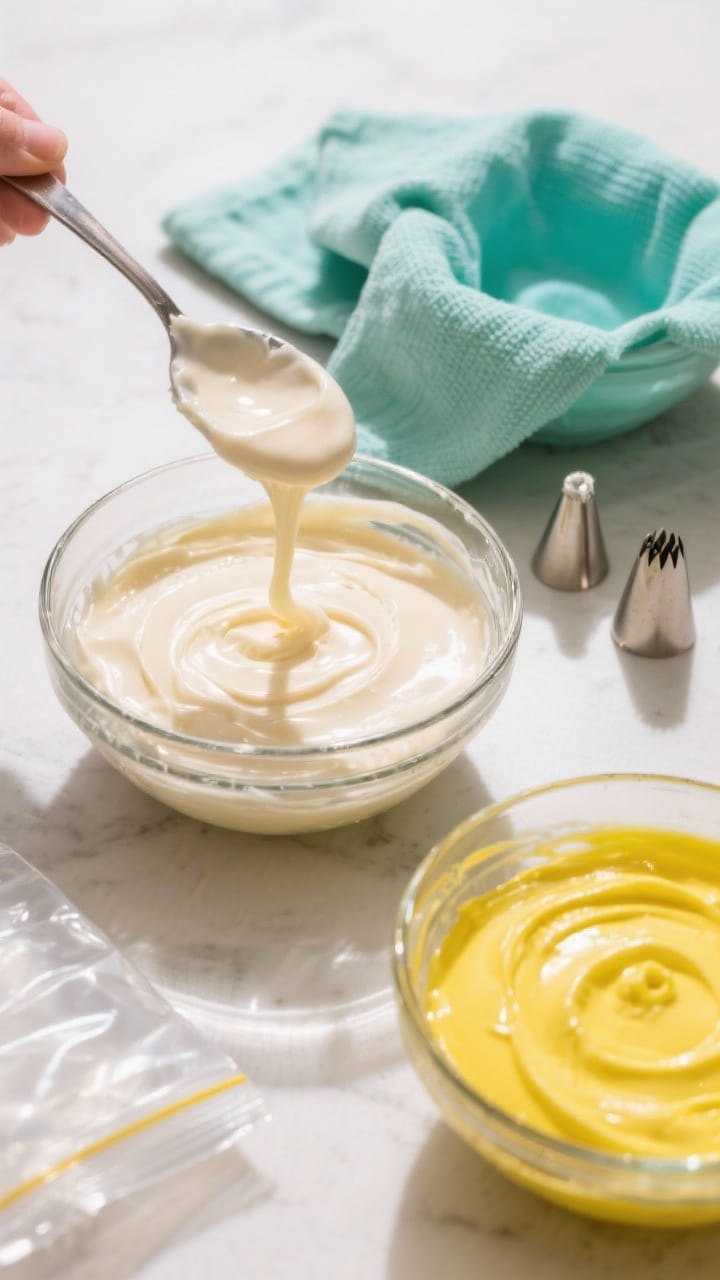 Cooking process: Overhead shot of the icing consistency test in a glass bowl—spoon lifting a ribbo