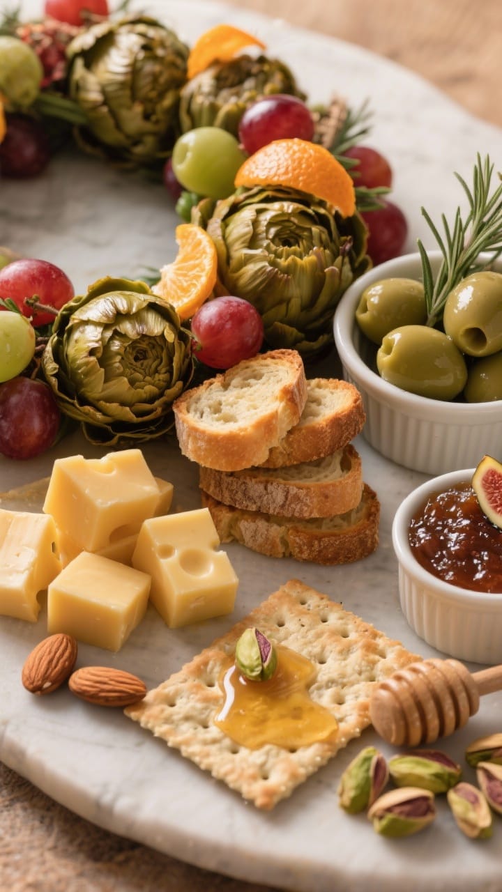 Final detail vignette of balanced bites ready for grazing: a tight composition showing a mini sectio