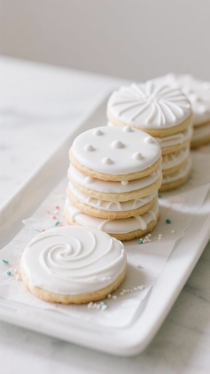 Final dish presentation: Bakery-style decorated sugar cookies fully dried and stacked-ready, glossy 