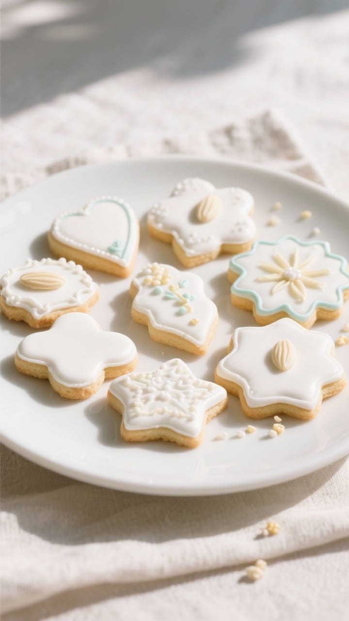 Final dish presentation: Beautifully decorated sugar cookies on a matte white platter—assorted sha