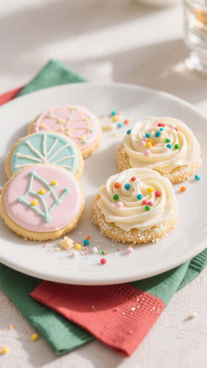Final dish presentation: Beautifully decorated sugar cookies on a matte white platter—half with gl