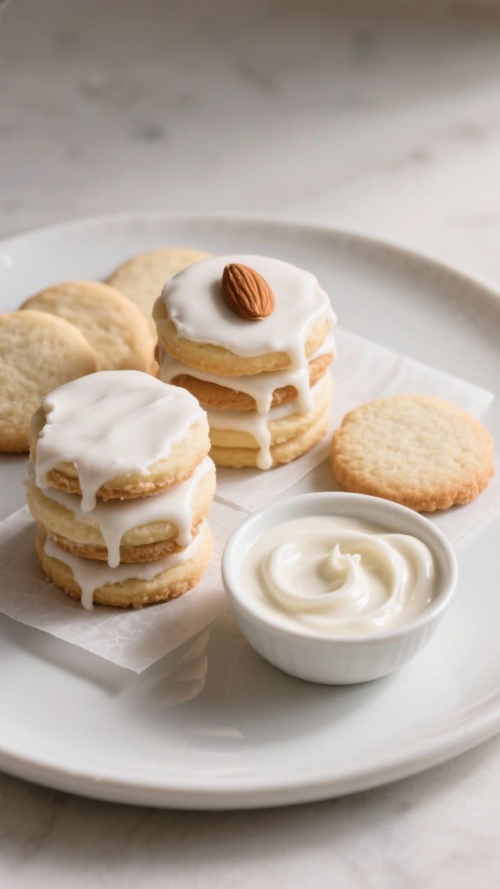 Final dish presentation: Beautifully plated assortment of iced sugar cookies on a matte white platte
