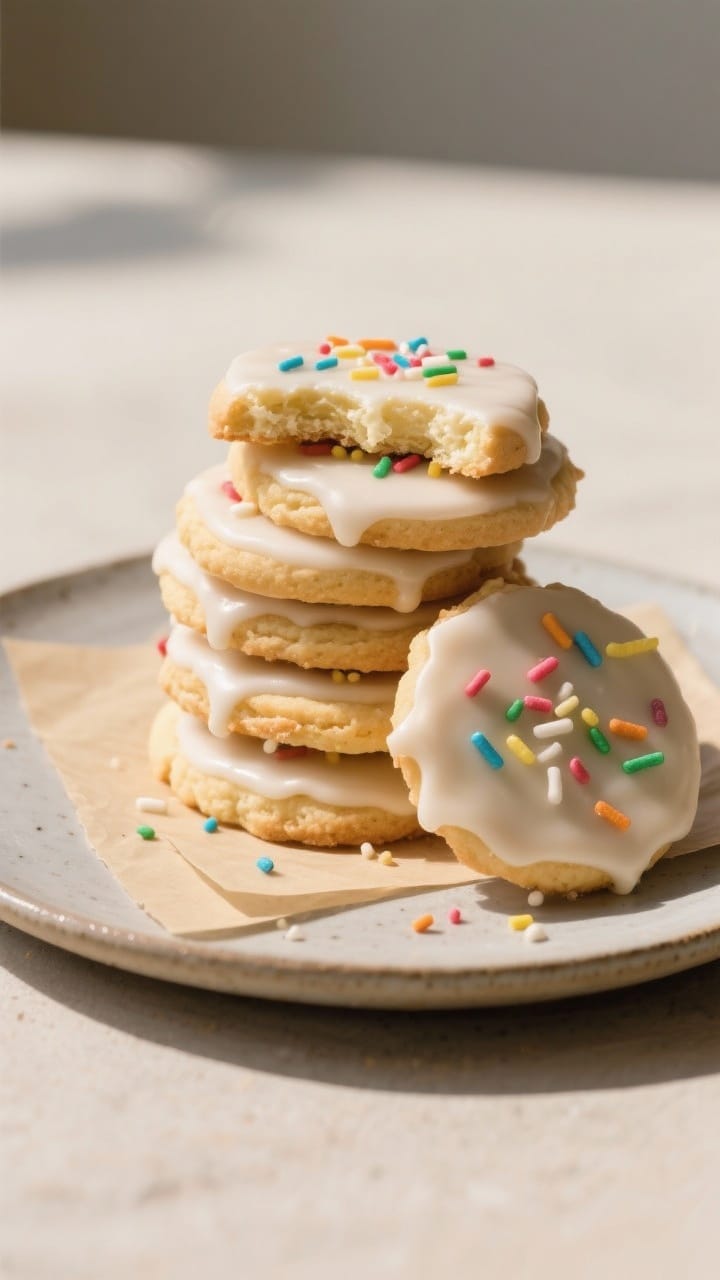 Final dish presentation: Beautifully plated assortment of sugar cookies finished with a simple vanil