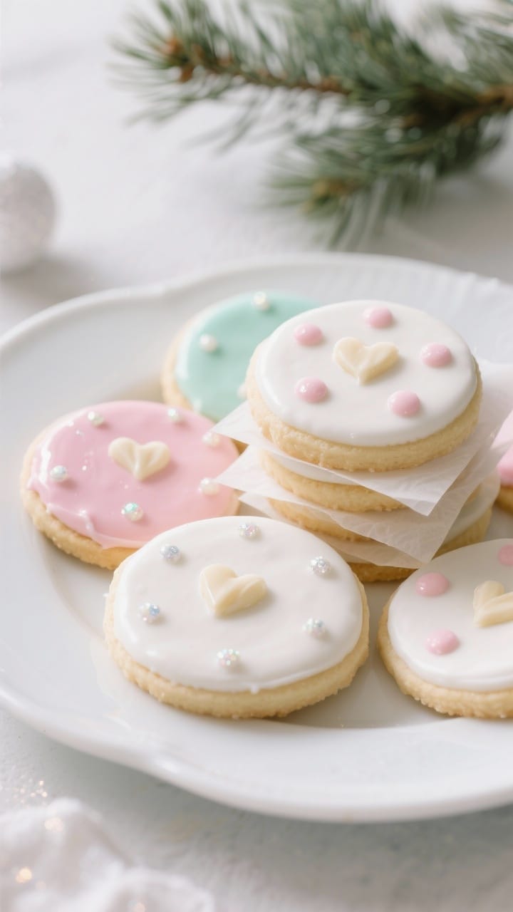 Final dish presentation: Beautifully plated gift-ready sugar cookies on a white porcelain platter, e