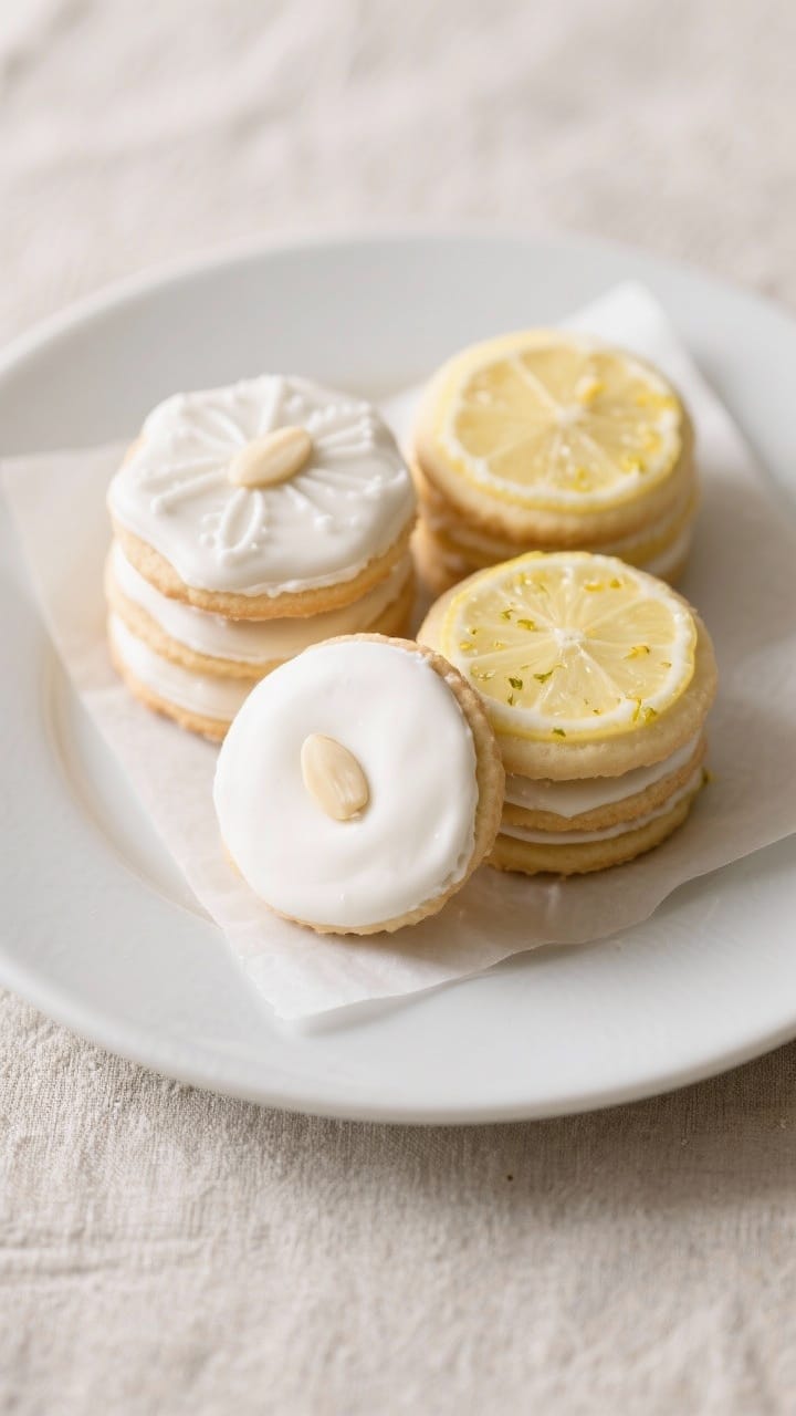 Final dish presentation: Beautifully plated sugar cookies on a matte white platter, stacked and nest