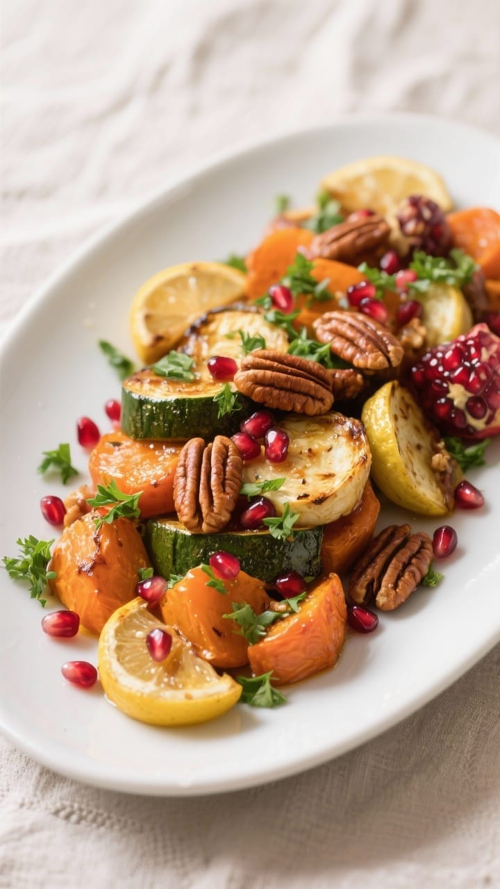 Final dish presentation: Beautifully plated Thanksgiving roasted veggies arranged on a wide, matte w