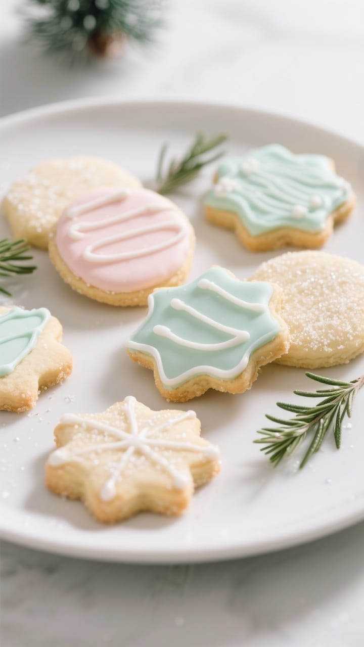 Final dish presentation: Beautifully plated vanilla-almond sugar cookies decorated with smooth royal