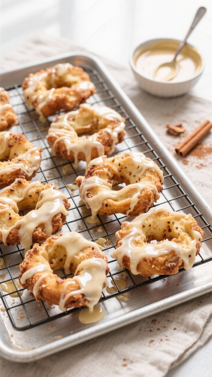 Final dish, tasty top view: Overhead shot of freshly glazed apple fritters on a wire rack set over a