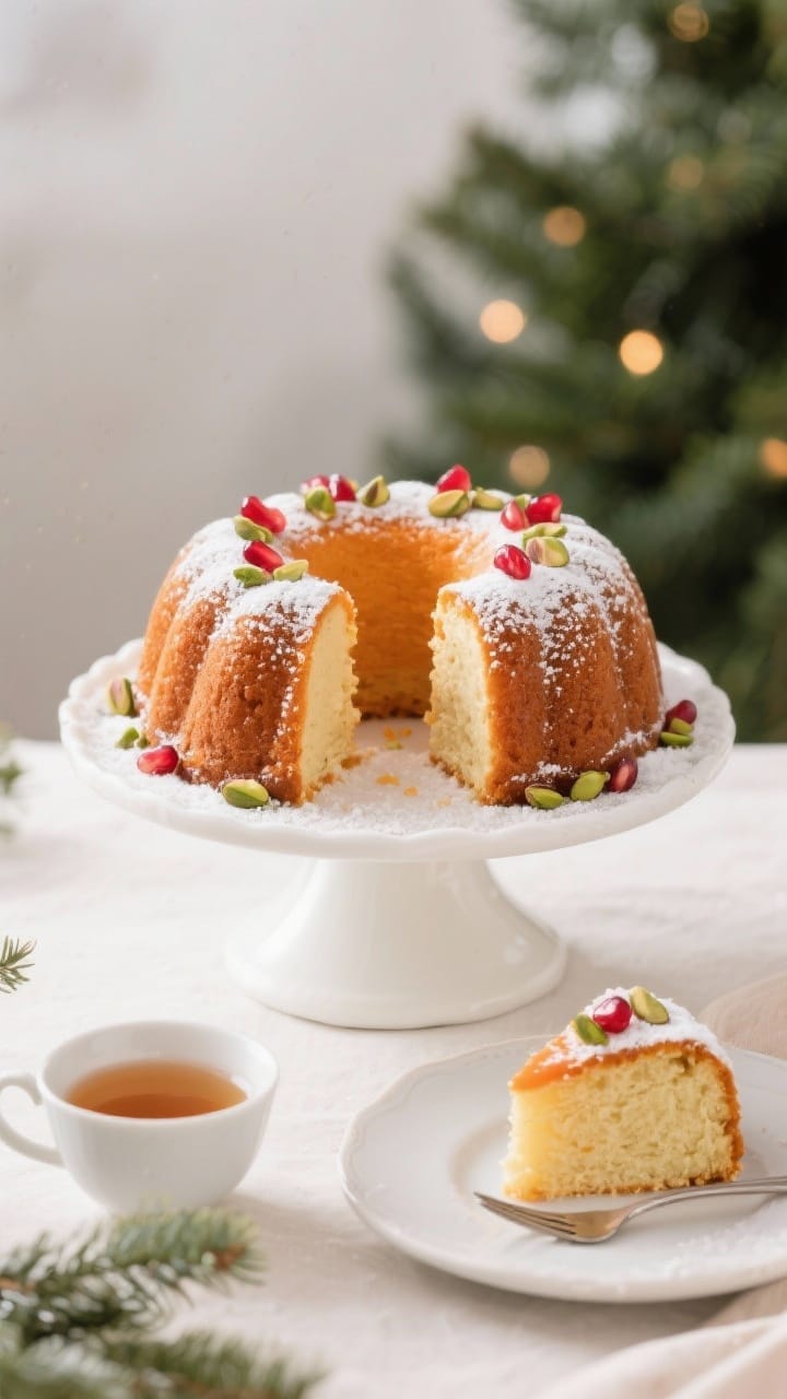 Final presentation: Beautifully plated Bundt cake centerpiece on a simple white cake stand, slice re