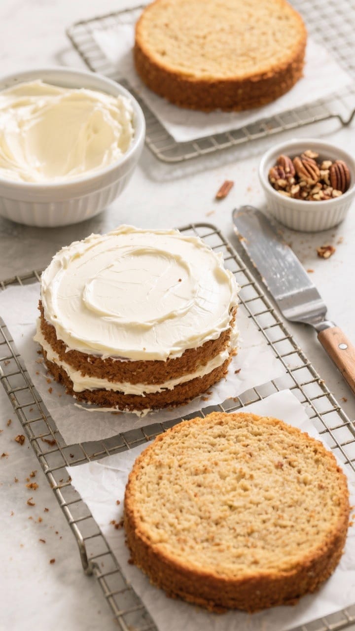 Overhead cooking-process shot: Three fully baked 8-inch hummingbird cake layers cooling on wire rack