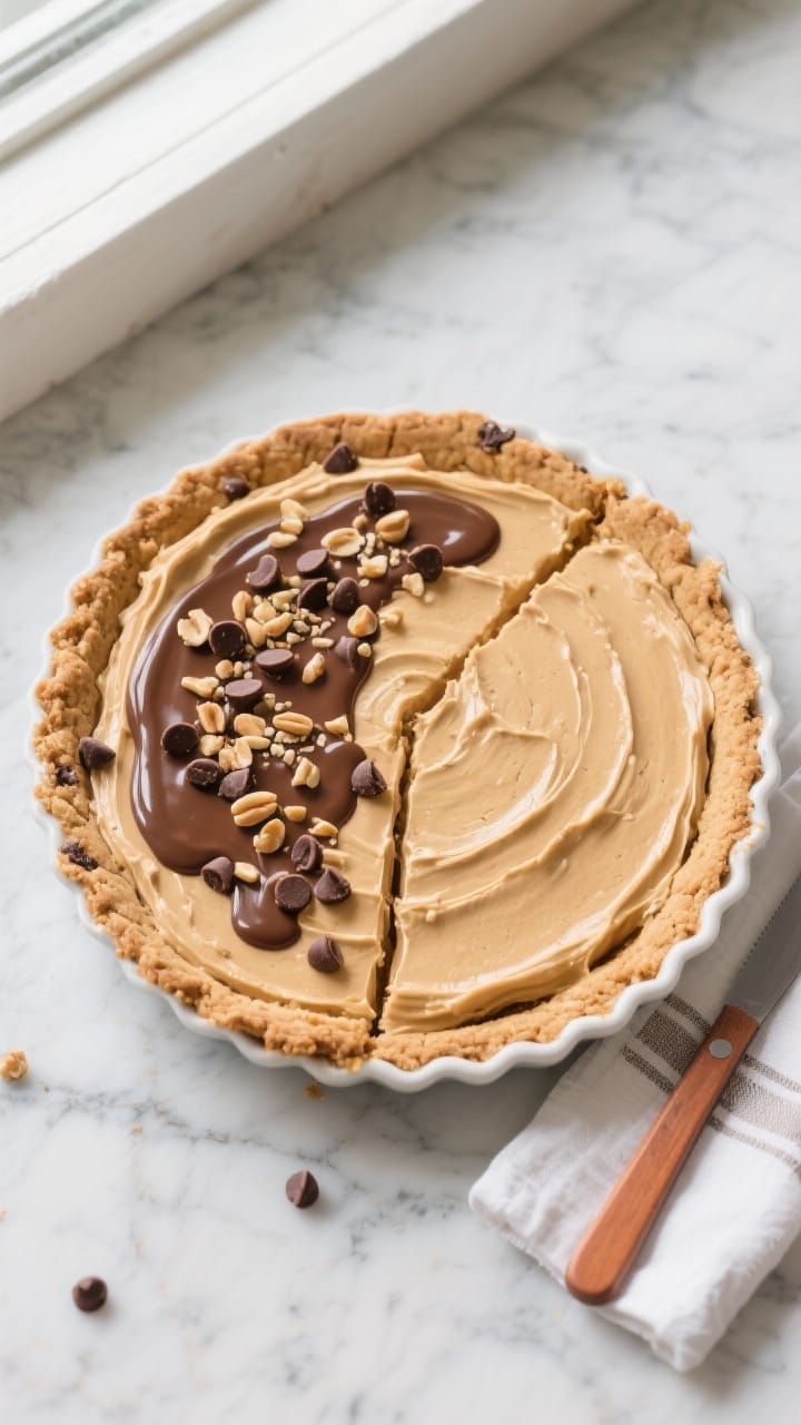 Overhead shot of a fully set Chocolate Chip Cookie Peanut Butter Pie just before slicing: smooth, ge