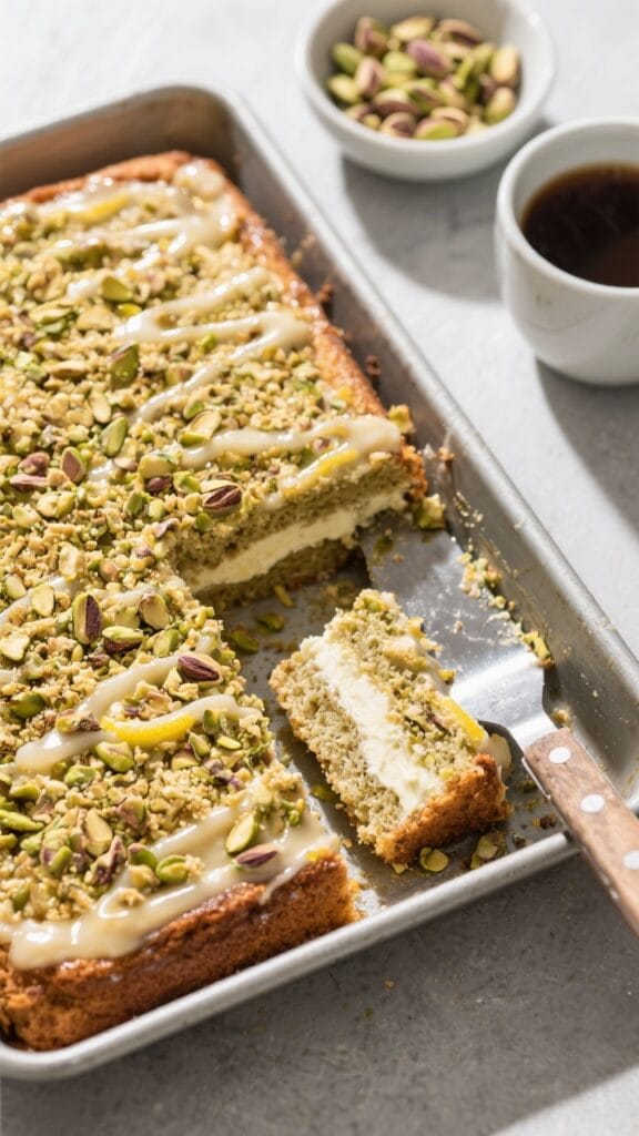 Overhead top-down shot of the whole baked pistachio coffee cake still in a 9x13 pan, fully cooled an
