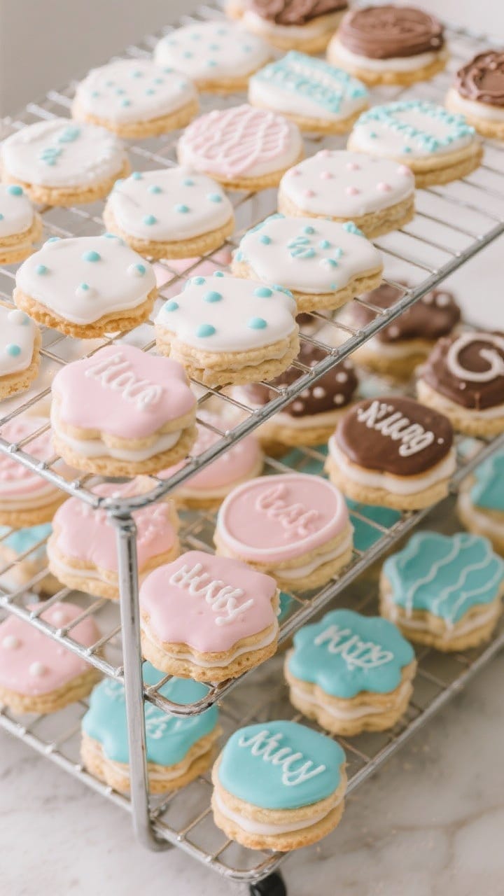 Tasty top view: A drying rack packed with decorated cookies at different set stages—base layers wi