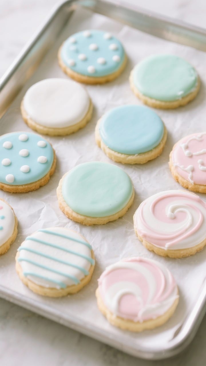 Tasty top view: A tray of fully set Sugar cookie icing arranged on parchment, each with clean outlines an