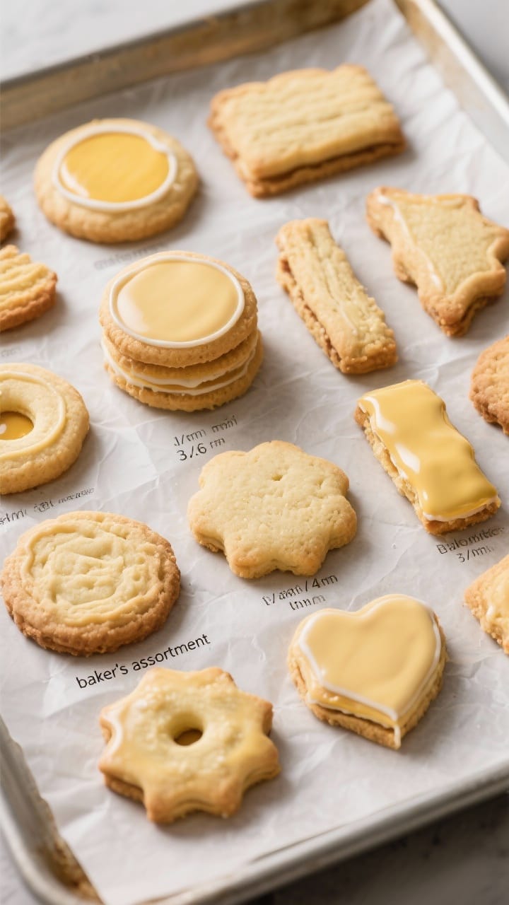 Tasty top view: Overhead “baker’s assortment” of finished cookies arranged on parchment—mix 