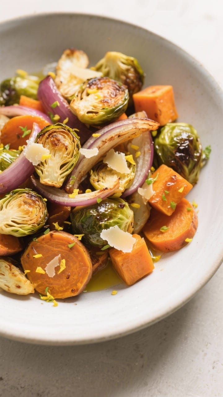 Tasty top view: Overhead bowl shot of the finished roasted vegetable medley showing balanced color a
