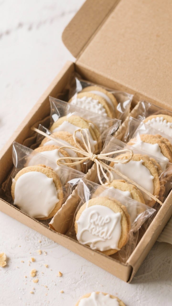 Tasty top view: Overhead boxed set for gifting—fully dried royal-iced cookies individually bagged
