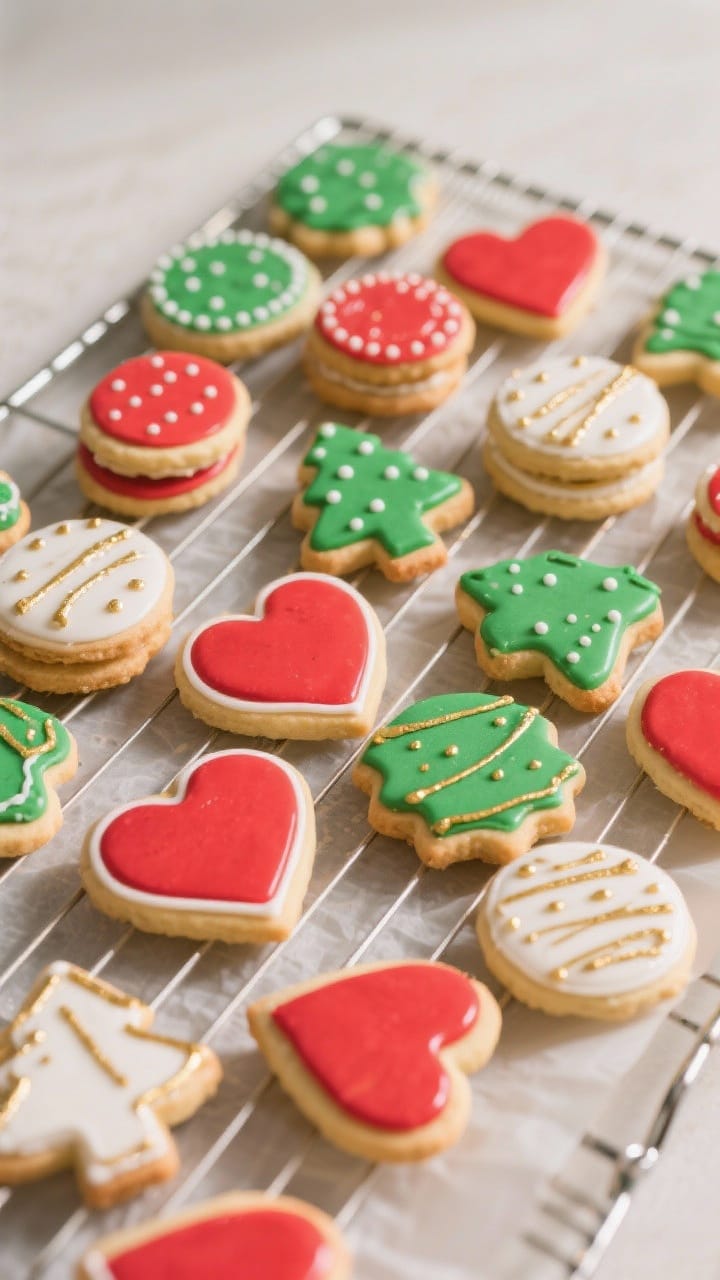 Tasty top view: Overhead shot of a cooling rack filled with fully dried, decorated sugar cookies rea